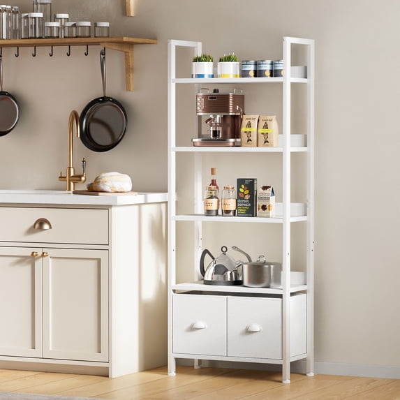 Satifur 5 Tier White Modern Bookshelf, Space-Saving Storage Rack with 2 Removable Drawers, Sturdy Structure for Bathroom, Home Office