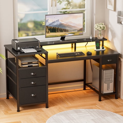 Satifur 51 Inch Black Computer Desk with Ergonomic Monitor Platform, Home Office Gaming Desk with CPU Grid Storage Rack, RGB LED Lights & Power Outlet
