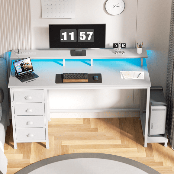 Satifur 55" Gaming Computer Desk with LED Lights & Outlets,Home Office Table with 4 Storage Drawer, Rustic Brwon