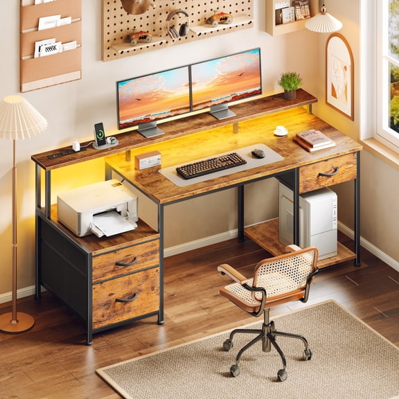 Satifur 55" Home Office Gaming Desk with Storage Shelf, Monitor & CPU Stand, LED Strip, 3 Drawers & Charging Station, Rustic Brown