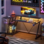 Satifur 55" Pro L-Shaped Gaming Desk Black, RGB LED, Power Hub & Monitor Riser for Ultimate Setup