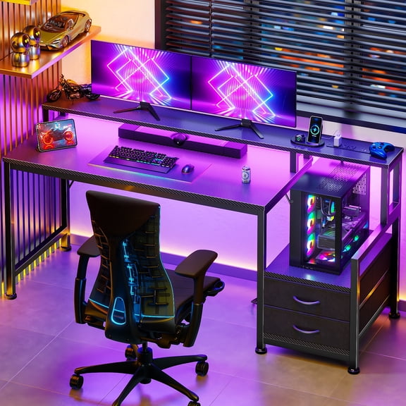 Satifur 55" Smart RGB Gaming Desk with App-Controlled Light Strip, Reversible Drawers & Built-in Charging Station,Black