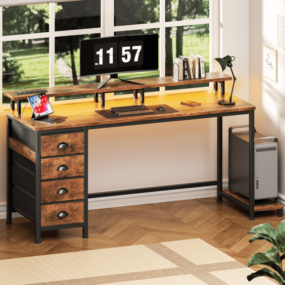 Satifur 55 inch Computer Desk with Power Outlets, Home Office Desk with 4 Drawers, Writing Desk with Removable Monitor Shelf & CPU Stand, Rustic Brown