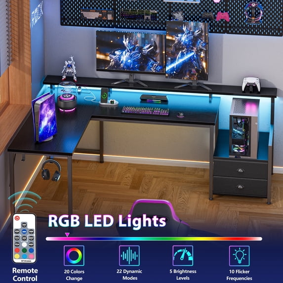 Satifur 57" L-Shaped Gaming Desk with LED Lights & Power Outlets, Computer Desk with Drawers & Printer Stand, Black