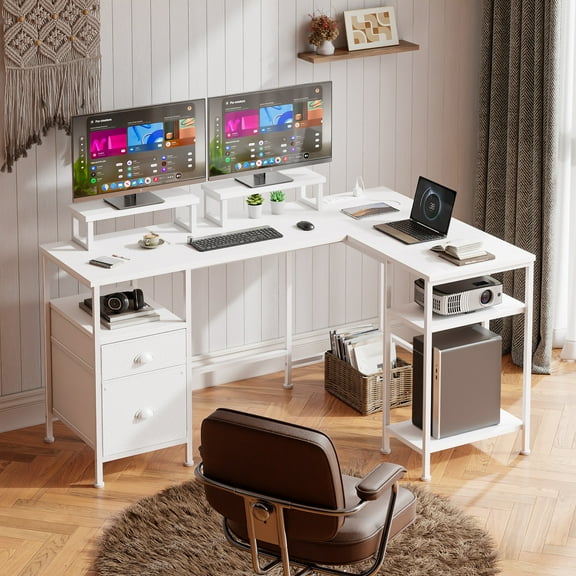 Satifur 59" L-Shaped Desk, Corner Computer Desk with Power Outlet,Reversible Gaming Desk for Home Office,White