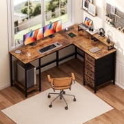 Satifur 59" L-Shaped Desk with Power Outlets, 4 Fabric Drawers & 2 Monitor Stands, Convertible Two Person Home Office Desk, Rustic Brown