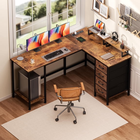 Satifur 59" L-Shaped Desk with Power Outlets, 4 Fabric Drawers & 2 Monitor Stands, Convertible Two Person Home Office Desk, Rustic Brown