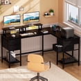 thumbnail image 1 of Satifur 59" L-Shaped Desk with Power Outlets, 4 Fabric Drawers & 2 Monitor Stands, Convertible Two Person Home Office Desk, Black, 1 of 9