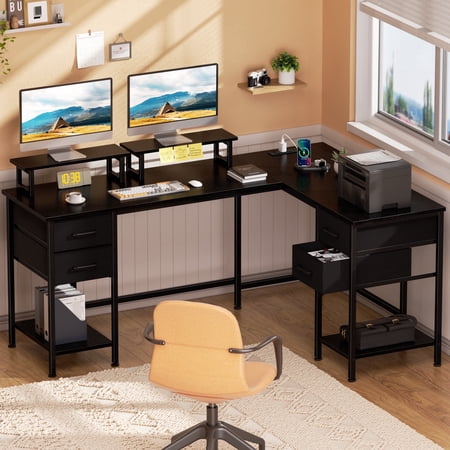 Satifur 59" L-Shaped Desk with Power Outlets, 4 Fabric Drawers & 2 Monitor Stands, Convertible Two Person Home Office Desk, Black