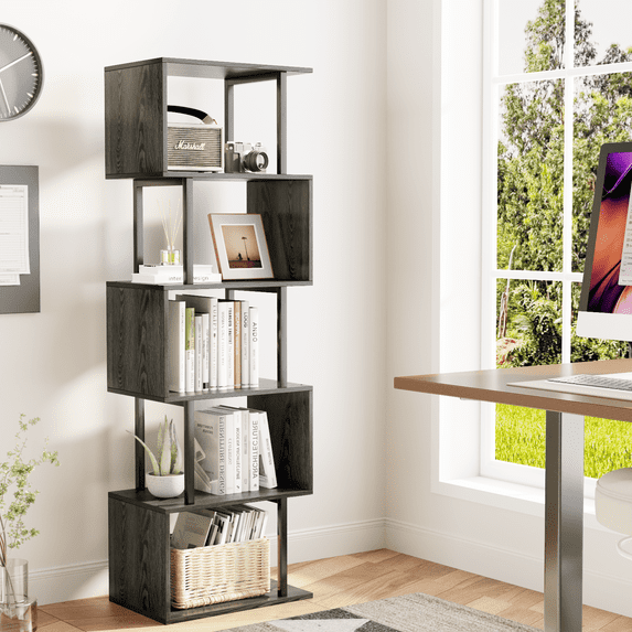 Satifur 5-Tier 57.09"H S-Shaped Geometric Bookcase, Industrial Freestanding Storage Shelving Unit,Black