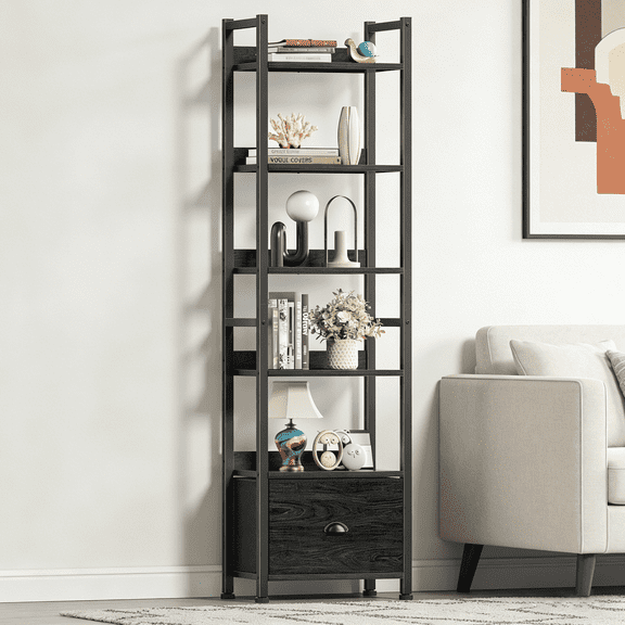 Satifur 6 Tier Industrial Bookcase with Single Removable Drawer, Adjustable Foot Pads, Black Oak Standing Storage Shelf for Living Room & Entryway