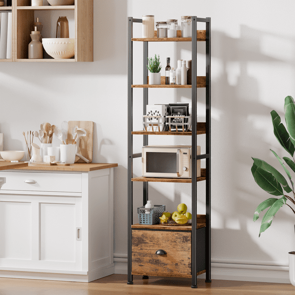 Satifur 6 Tier Rustic Standing Bookshelf, Tall Display Organizer with 1 Removable Drawer, Adjustable Feet, for Bedroom, Balcony & Home Office