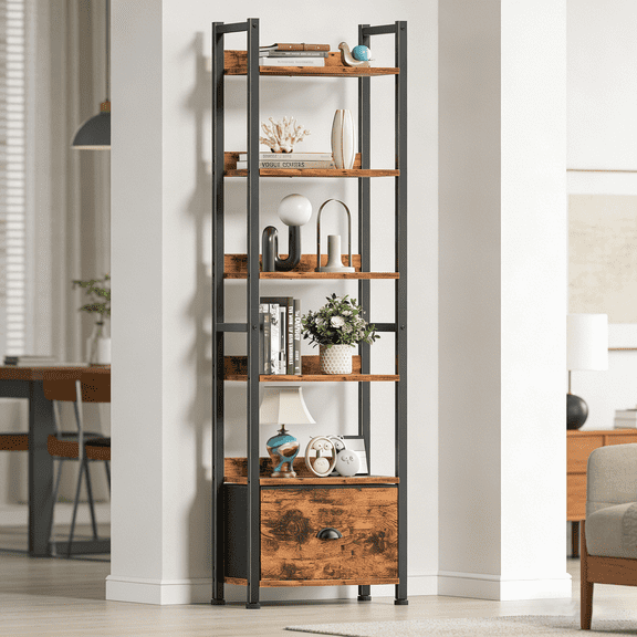 Satifur 6 Tier Rustic Standing Bookshelf, Tall Display Organizer with 1 Removable Drawer, Adjustable Feet, for Bedroom, Balcony & Home Office