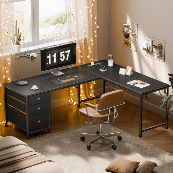 Satifur 63 Inch Reversible L Shaped Corner Computer Desk, Black Home Office Gaming Desk with 3 US AC Outlets 1 USB 1 Type-C Charging, 2 Non-Woven Drawers & File Cabinet, L Hooks & Cable Plugs