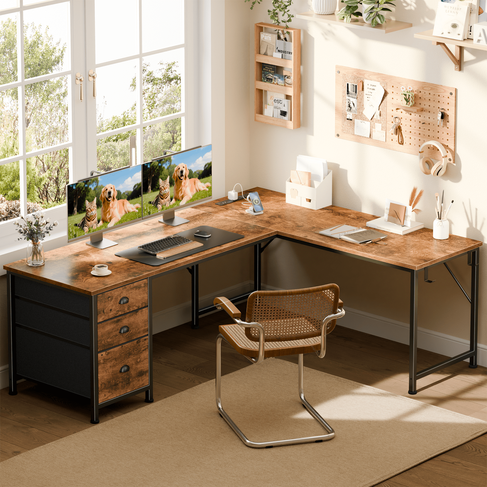 Satifur 63 Inch Reversible L Shaped Corner Computer Desk, Rustic Home Office Desk with 3 US AC Outlets 1 USB 1 Type-C Charging Port, 2 Non-Woven Drawers & File Cabinet, L Hooks & Cable Hole Plugs