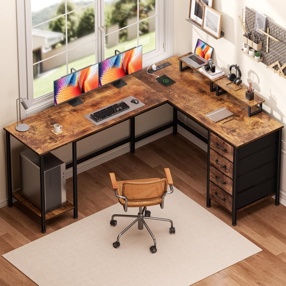 Satifur 66" L-Shaped Desk with Power Outlets, 4 Fabric Drawers & 2 Monitor Stands, Convertible Two Person Home Office Desk, Rustic Brown
