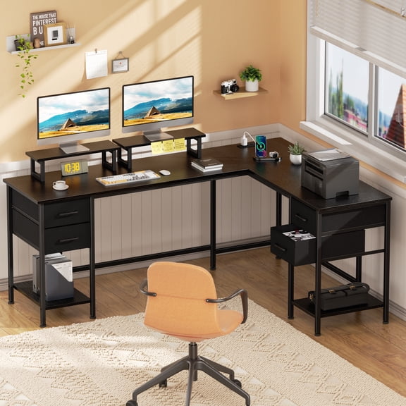 Satifur 66" L-Shaped Desk with Power Outlets, 4 Fabric Drawers & 2 Monitor Stands, Convertible Two Person Home Office Desk,Black