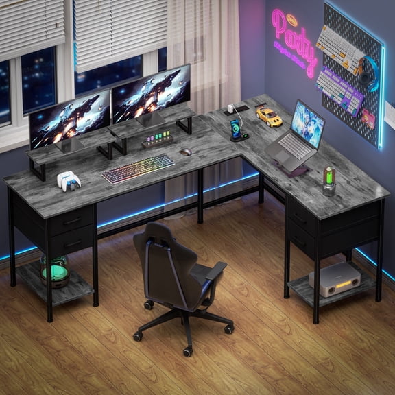 Satifur 66" L-Shaped Desk with Power Outlets, 4 Fabric Drawers & 2 Monitor Stands, Convertible Two Person Home Office Desk,Gray