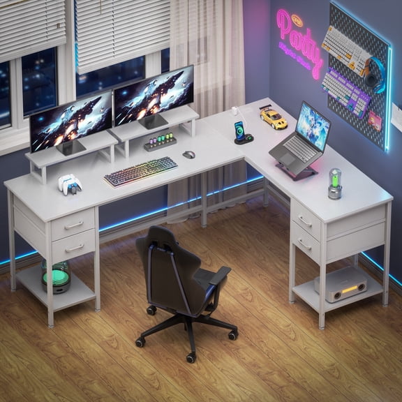 Satifur 66" L-Shaped Desk with Power Outlets, 4 Fabric Drawers & 2 Monitor Stands, Convertible Two Person Home Office Desk,White