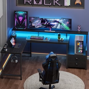 Satifur 66" L-Shaped Gaming Desk with LED Lights & Power Outlets, Computer Desk with Drawers & Printer Stand, Black