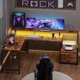 thumbnail image 1 of Satifur 66" L-Shaped Gaming Desk with LED Lights & Power Outlets, Computer Desk with Drawers & Printer Stand, Rustic Brown, 1 of 9