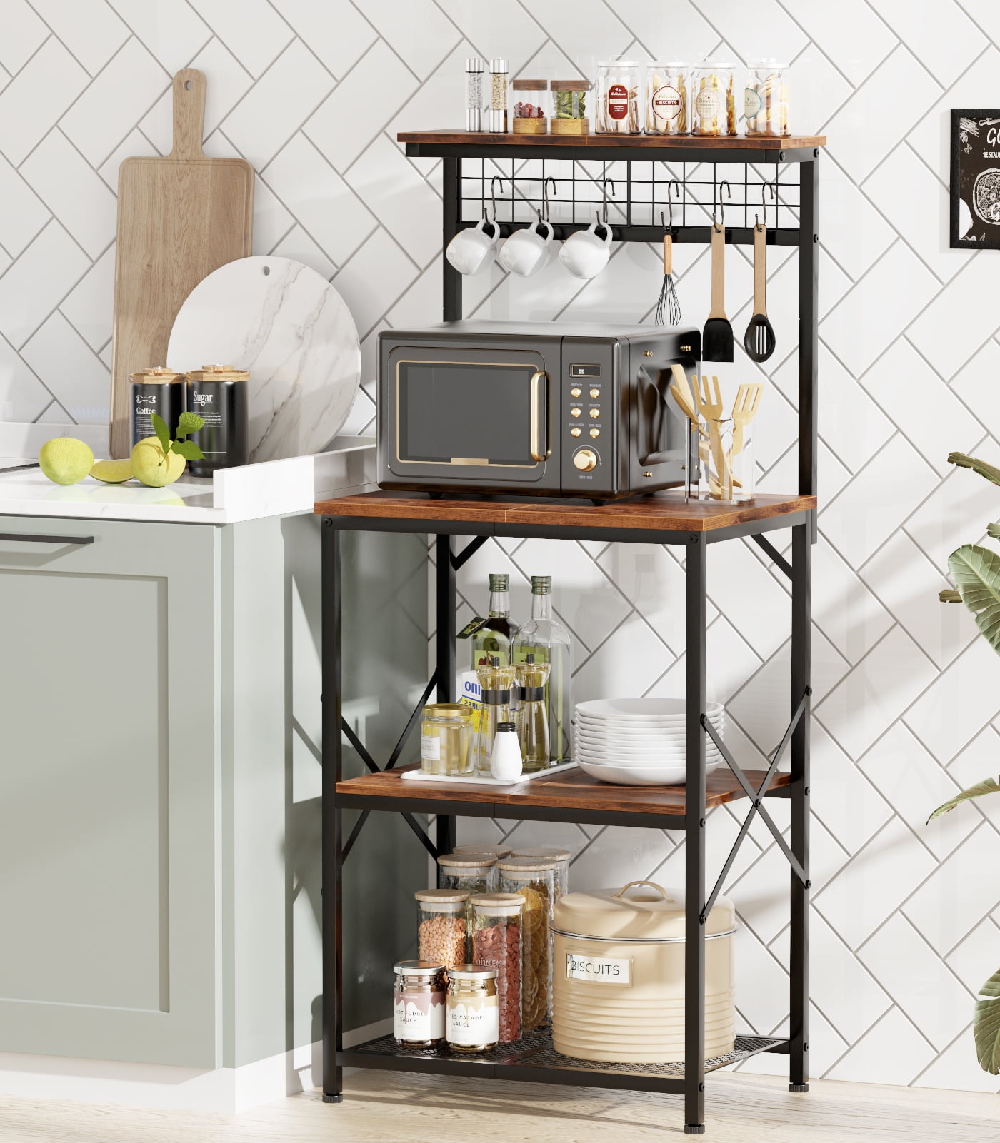 Mainstays Chrome Plated Silver Metal Baker s Rack with Wood Shelf Walmart
