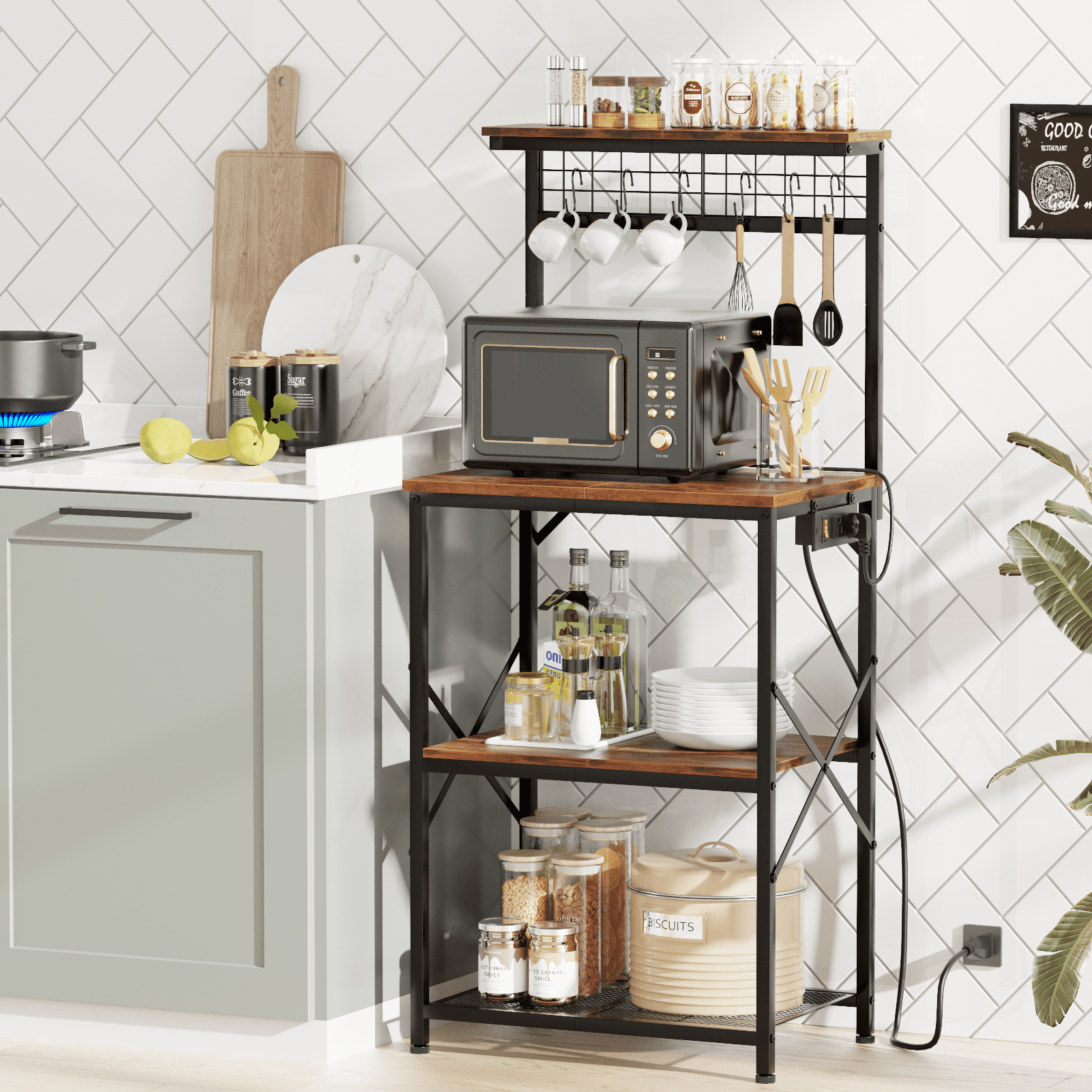 Satifur Baker's Rack with Outlets, Microwave Stand Kitchen Organizer 4 Tier Storage Shelf Metal Pegboard for Kitchen Home Office