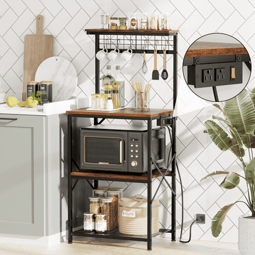 Satifur Baker's Rack with Outlets, Microwave Stand Kitchen Organizer 4 Tier Storage Shelf Metal Pegboard for Kitchen Home Office