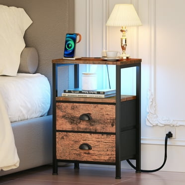 Satifur Bedside Table with Charging Station,LED Nightstand with 2 Fabric Drawers,Rustic Brown