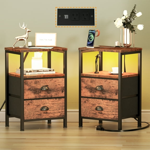 Satifur Bedside Table with Charging Station,Set of 2 LED Nightstand with 2 Fabric Drawers,Rustic Brown