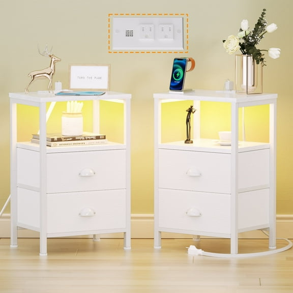 Satifur Bedside Table with Charging Station,White Nightstand Set of 2 with Fabric Drawers