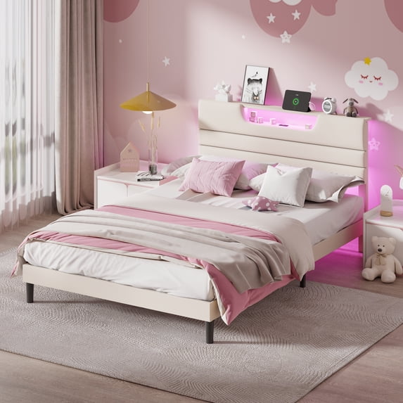 Satifur Beige Fine Linen Fabric Bed Frame with LED Lights & Charge Station, Queen Size Bed Frame with Upholstered Headboard, No Box Spring Needed