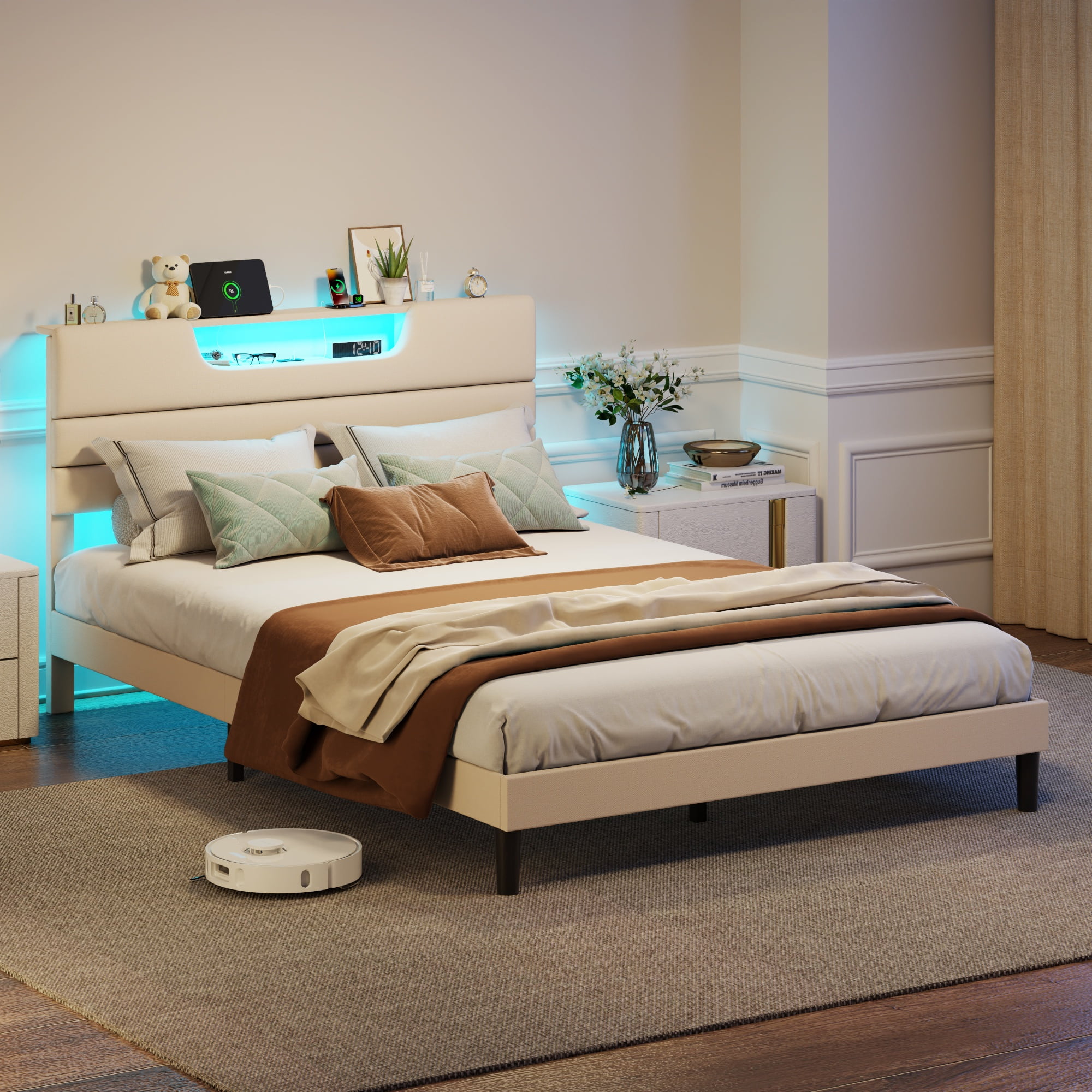 Satifur Beige Fine Linen Fabric Bed Frame with Upholstered Headboard & Charge Station, Queen Size Bed Frame with LED Lights, No Box Spring Needed