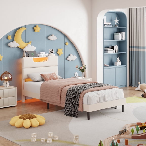 Satifur Beige Fine Linen Fabric Bed Frame with Upholstered Headboard & Charge Station, Twin Size Bed Frame with LED Lights, No Box Spring Needed