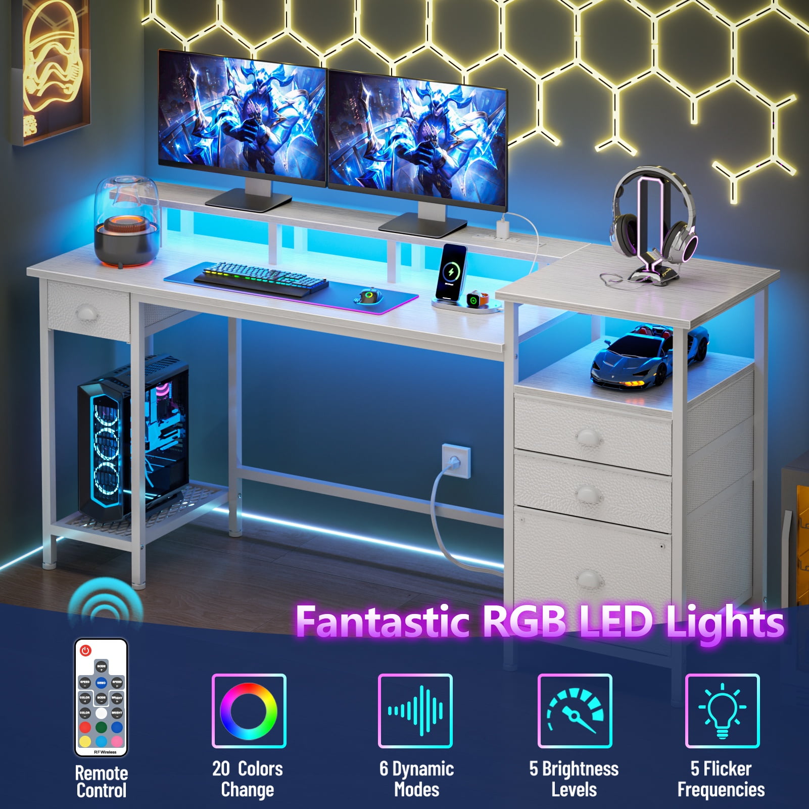 Satifur Computer Desk with 4 Drawers, 60 Inch Reversible Desk with Led Lights & Power Outlet, Home Office Desk with File Drawer & Monitor Stand, White