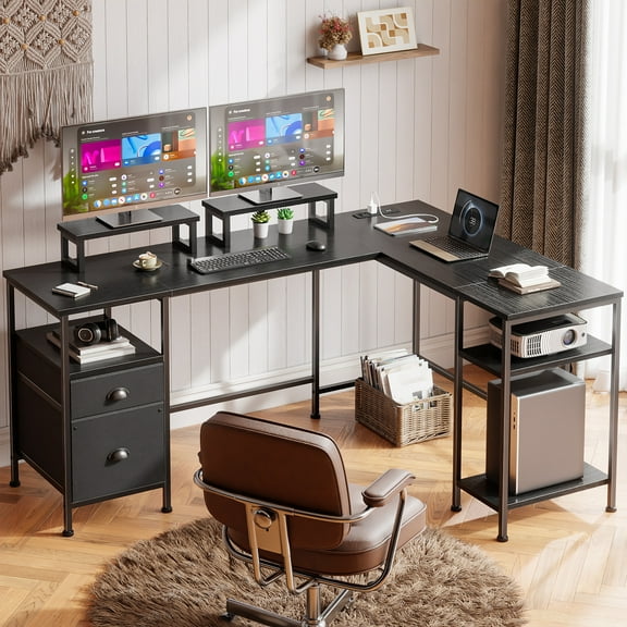 Satifur Computer Desk 65" L-Shaped, Corner Desk with Power Outlet, Reversible Gaming Desk, Black