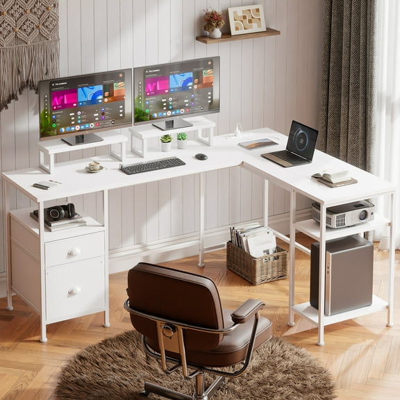 Satifur Computer Desk 66" L-Shaped, Corner Desk with Power Outlet, Reversible Gaming Desk, White