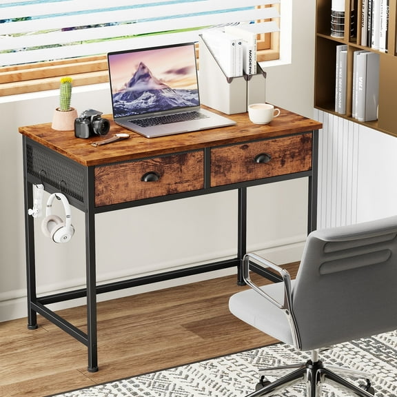 Satifur Computer Desk with Drawers & Hooks, 34" Writing Desk with 2 Fabric Drawers for Bedroom, Rustic Brown