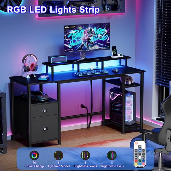 Satifur 61" Reversible 2-Tier Computer Desk with Power Outlet, LED Lights, File Cabinet & Storage Shelves,Black