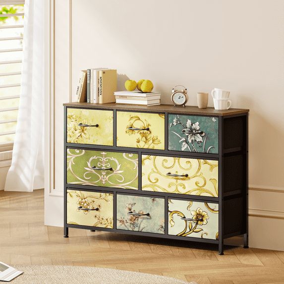 Satifur 8 drawer dresser with retro floral pattern and color blocking design for bedroom living room