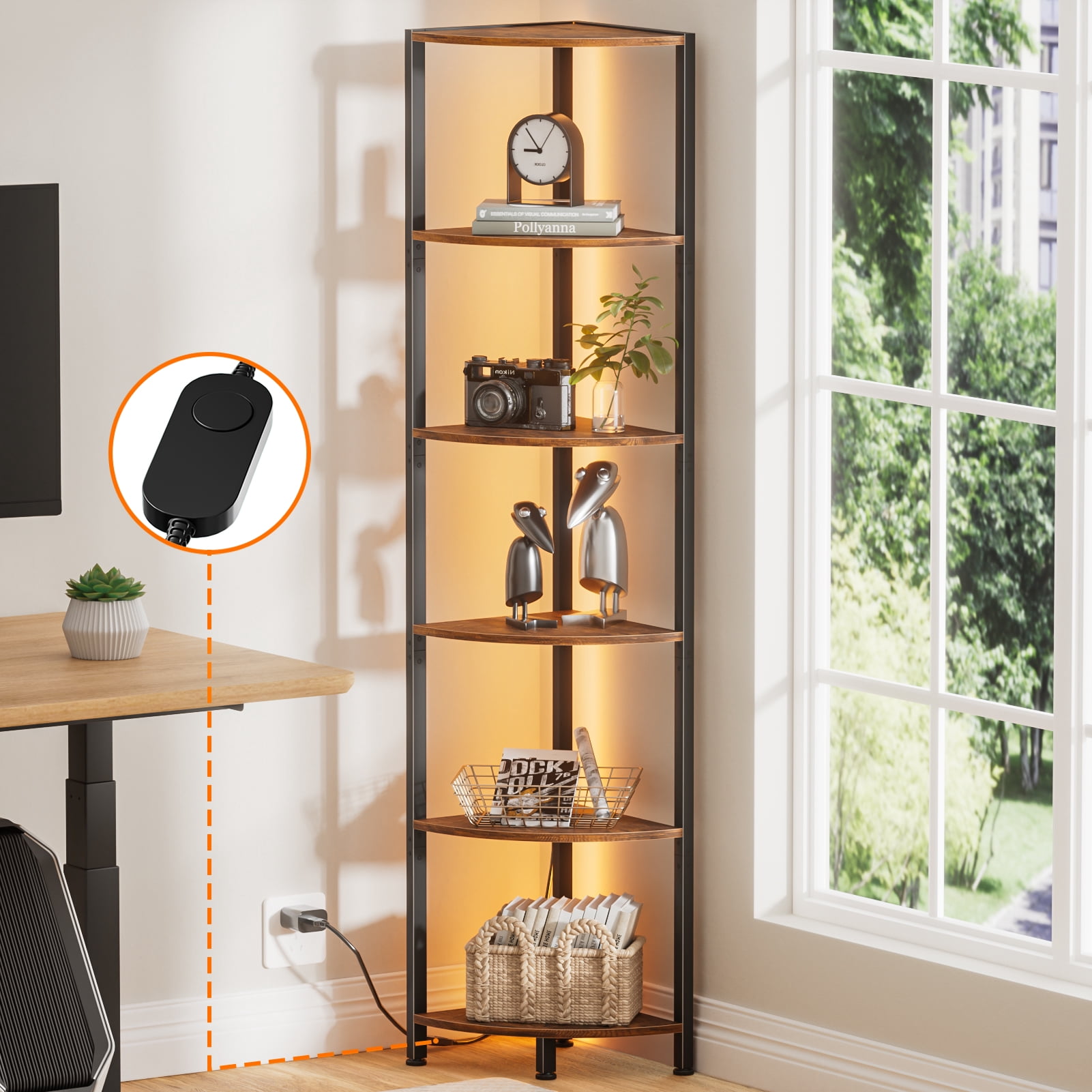 Satifur Corner Shelf Bookcase with LED Light Strip, 6-Tier Corner Bookshelf for Living Room,Bedroom,Kitchen,Rustic Brown