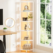 Satifur Corner Shelf Bookcase with LED Light Strip, 6-Tier Corner Bookshelf for Living Room,Bedroom,White