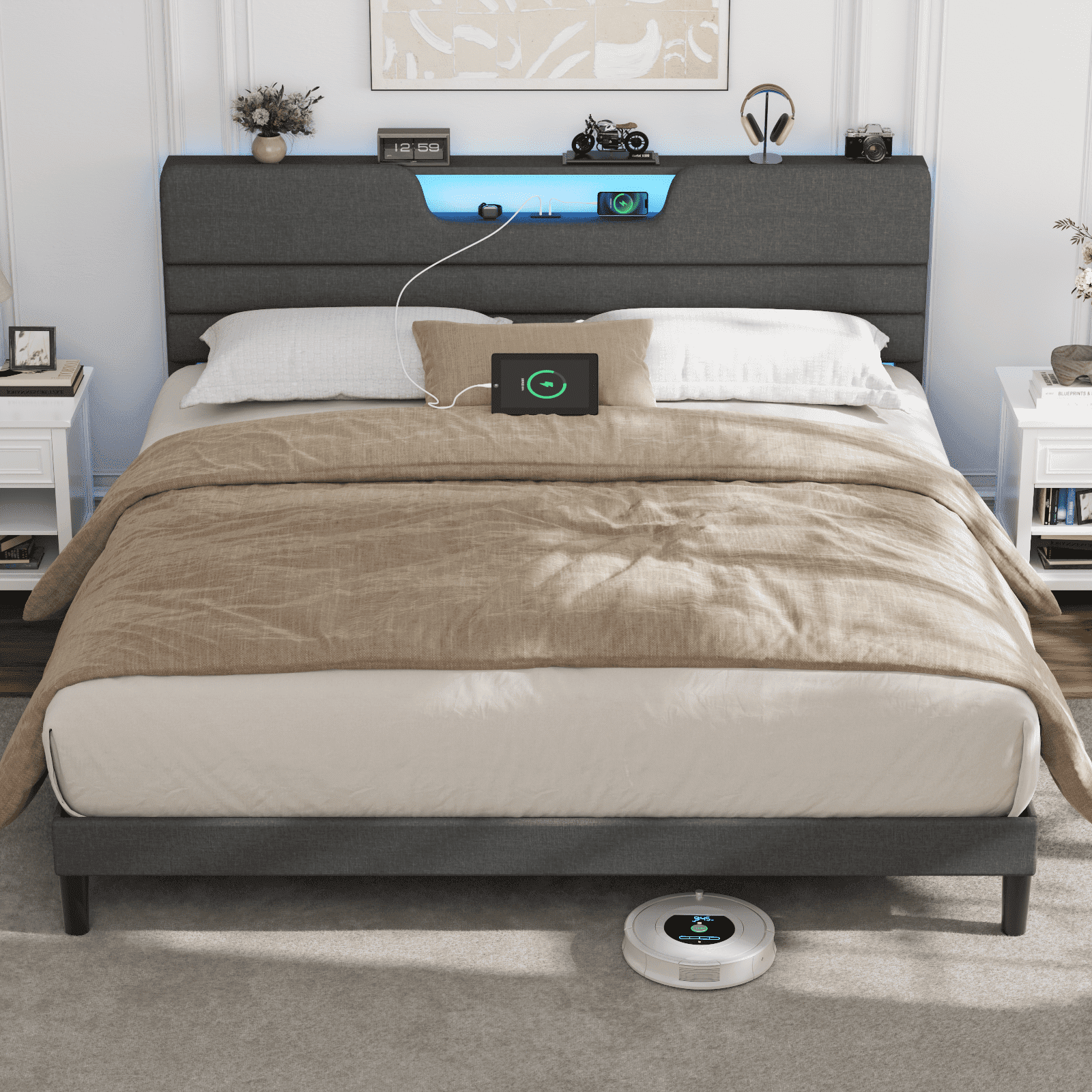 Satifur Dark Gray Bed Frame with Charge Station, King Size Bed Frame with LED Lights & Upholstered Headboard, No Box Spring Needed, Linen Fabric