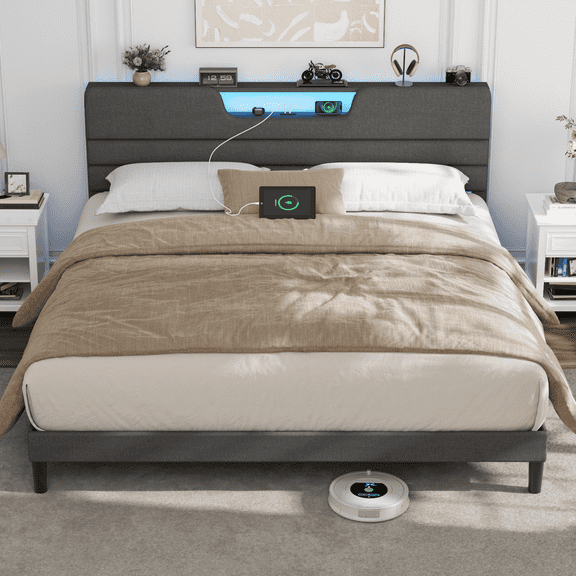 Satifur Dark Gray Bed Frame with Charge Station, King Size Bed Frame with LED Lights & Upholstered Headboard, No Box Spring Needed, Linen Fabric