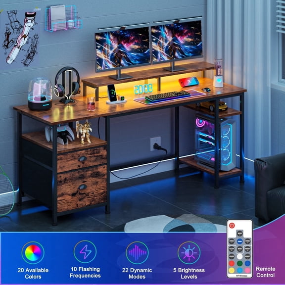 Satifur 61" Reversible 2-Tier Computer Desk with Power Outlet, LED Lights, File Cabinet & Storage Shelves,Rustic Brown