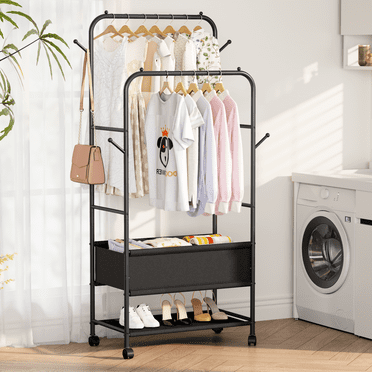 Satifur Double Rail Clothes Rack on Wheels, Heavy Duty Clothes Hanging Rack, Free Standing Garment Rack with Clothes Storage Bag, Black