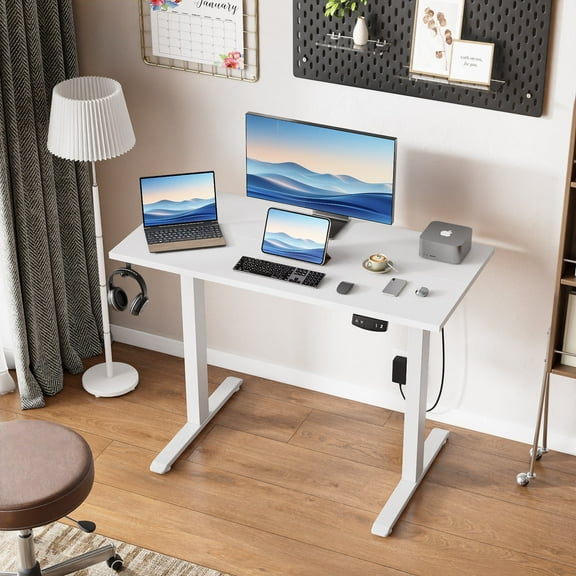 Satifur Electric Standing Desk 40", Ergonomic Computer Desk with Memory Preset, Height Adjustable Sit Stand Desk with Hooks & Storage, White