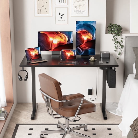 Satifur Electric Standing Desk 48", Ergonomic Computer Desk with Memory Preset, Height Adjustable Sit Stand Desk with Hooks & Storage, Black