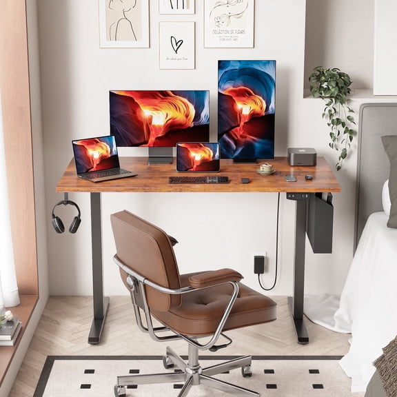 Satifur Electric Standing Desk 48", Ergonomic Computer Desk with Memory Preset, Height Adjustable Sit Stand Desk with Hooks & Storage, Rustic