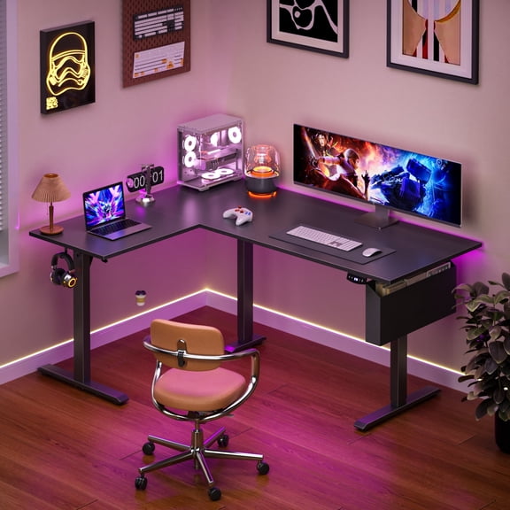 Satifur Electric Standing Desk 63" L-Shaped, Ergonomic Computer Desk with Memory Preset, Height Adjustable Sit Stand Desk with Hooks & Storage, Black